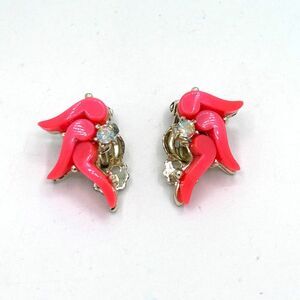 VIntage Coral and AB Rhinestone Thermoset Clip Earrings